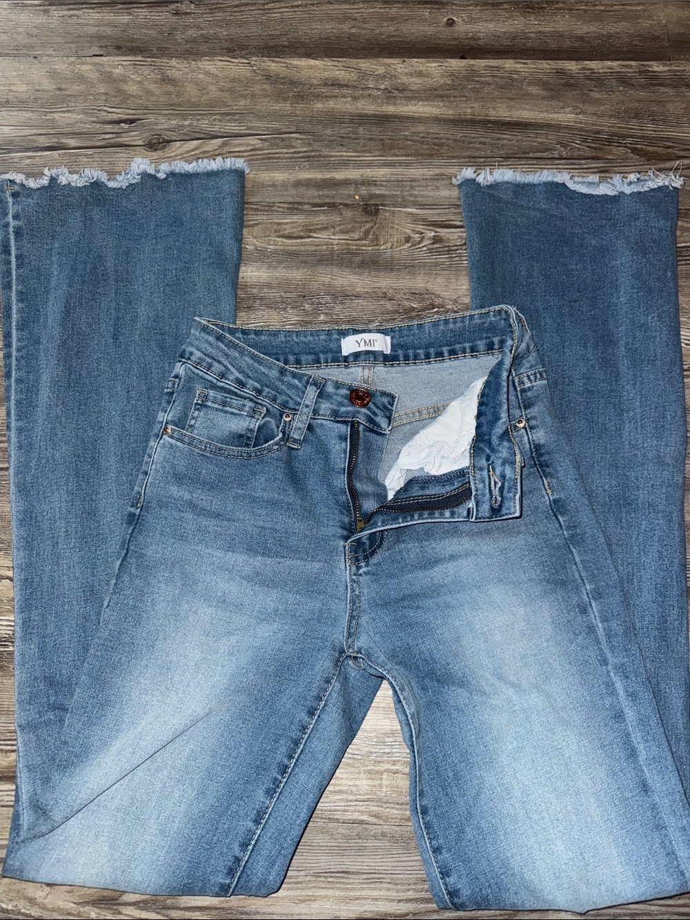 YMI Women's Light Blue Straight Leg Jeans with Frayed Hem